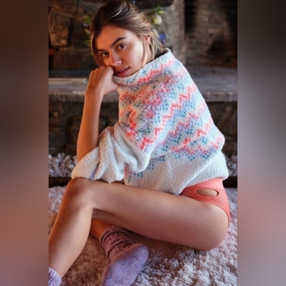 Anthropologie White Colorful Patterned Cozy Chunky Oversized Mock Neck Sweater - Picture 7 of 14